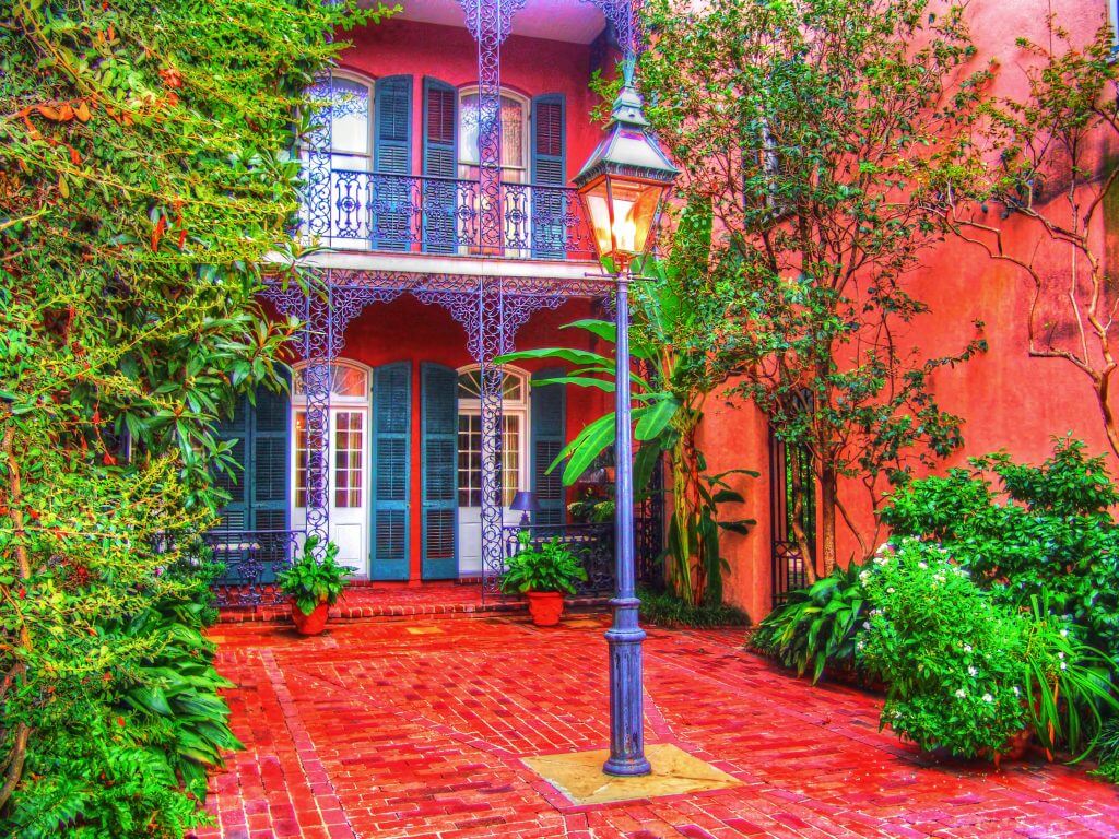 Colorful courtyard by Jim Sweida at Blue Morning Gallery